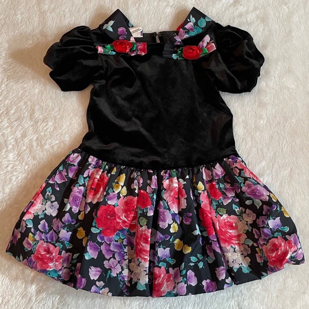 Vintage Sweet Liberty Kids Black Velvet Floral Rosette Party Dress 5 USA 90s